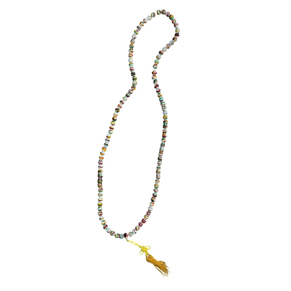 Hand Painted Striped Glass Bead Necklace Yellow Tassel Chinese Knot Multicolor - Picture 5 of 10
